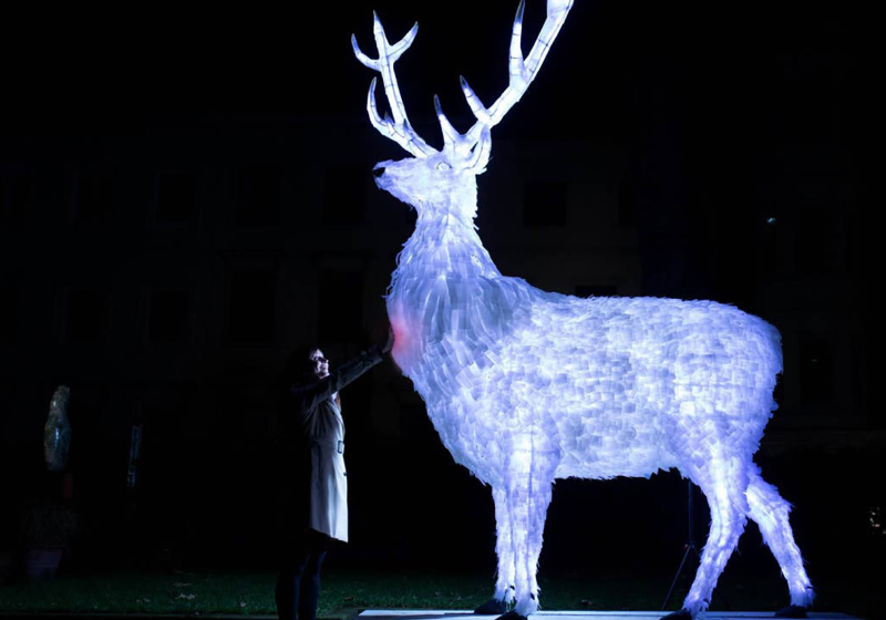 Photo of the Hart of London contactless interactive stag sculpture, which lights up when a contactless donation is made.